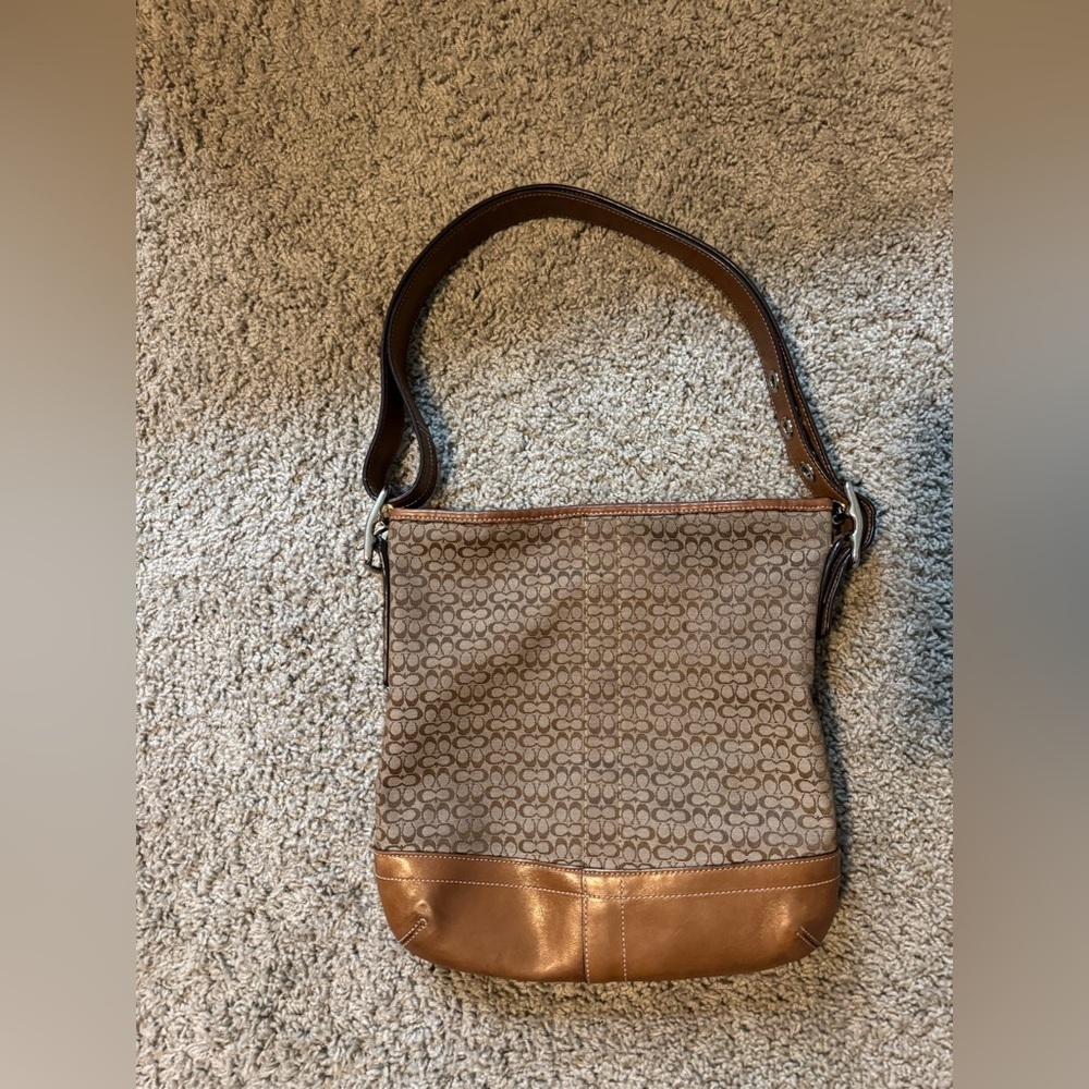 Coach Tan and Brown Mini Jacquard Convertible Shoulder Bag with Signature Design - Picture 2 of 14